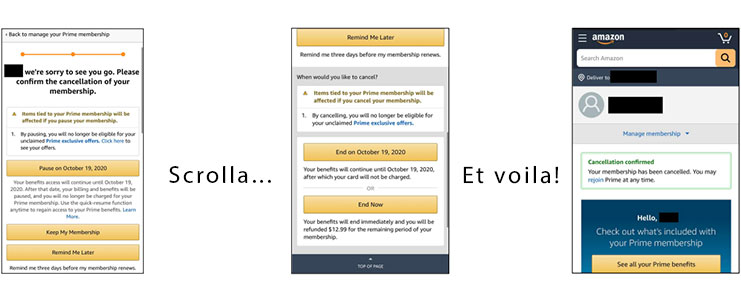 Composit con successivi step del flusso di cancellazione Amazon.