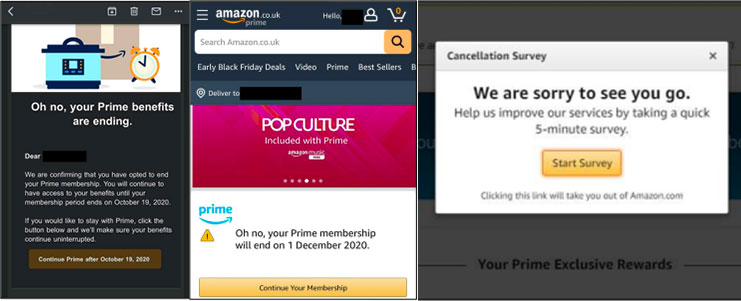 Composit con successivi step del flusso di cancellazione Amazon.