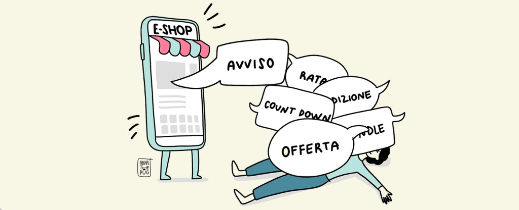 Un e-shop a forma di smatphone gigante subissa un povero utente di di informazioni che escono da lui sotto forma di fumetto. L'utente cade a terra sommerso dai fumetti con le voci: avviso, rata, countdown, offerta, bundle…