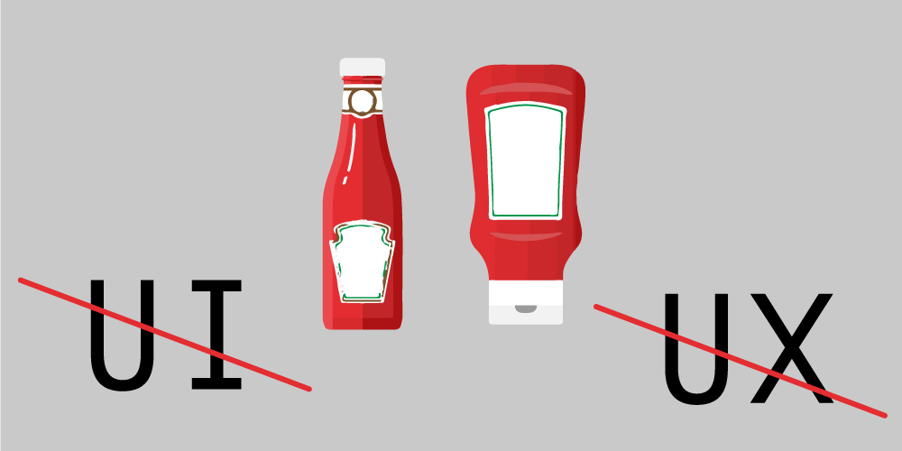 L'illustrazione di copertina mostra due bottiglie di ketchup: una in una classica bottiglia di vetro, l'altra in una pratica bottiglia easy-squeeze. La parola "UI" è etichettata sul flacone classico e "UX" è etichettata sul flacone easy-squeeze, ma sono entrambe barrate con una linea rossa.