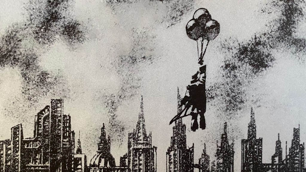 Immagine tratta dal fumetto SOPHIA dove il protagonista se ne va volando appeso a tre grandi palloncini.