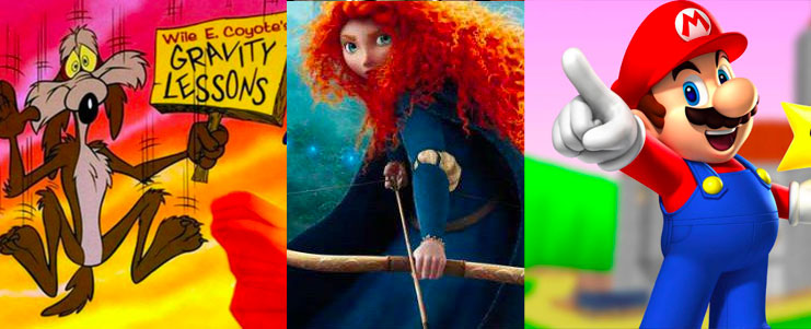 Composit di tre immagini: Willie Coyote, la principessa Merida di Brave e Super Mario.