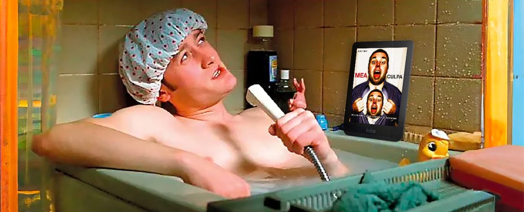 Jimmy Rabbitte in una scena di The Commitments dove rilascia un'intervista immaginaria mentre fa il bagno. Aggiunto in photoshop un tablet con la copertina del libro MEA CULPA.