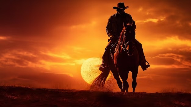 Foto stereotipata di un cowboy in controluce che cavalca al tramonto.